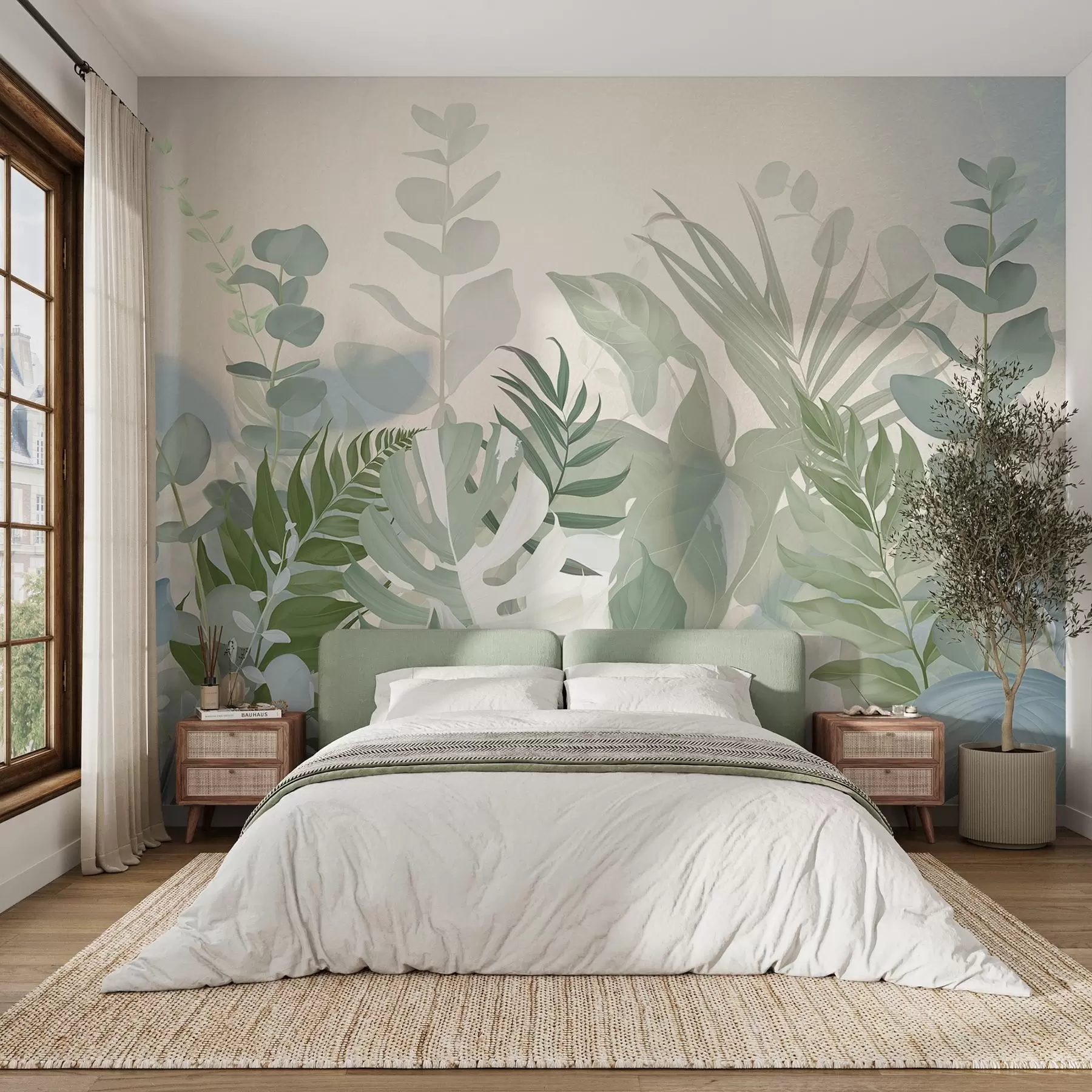 Fototapeta Pastelowe zielone rośliny paprocie, monstera i eukaliptus, jasne teksturowane tło, miękkie oświetlenie, spokojna, botaniczna ilustracja w09316