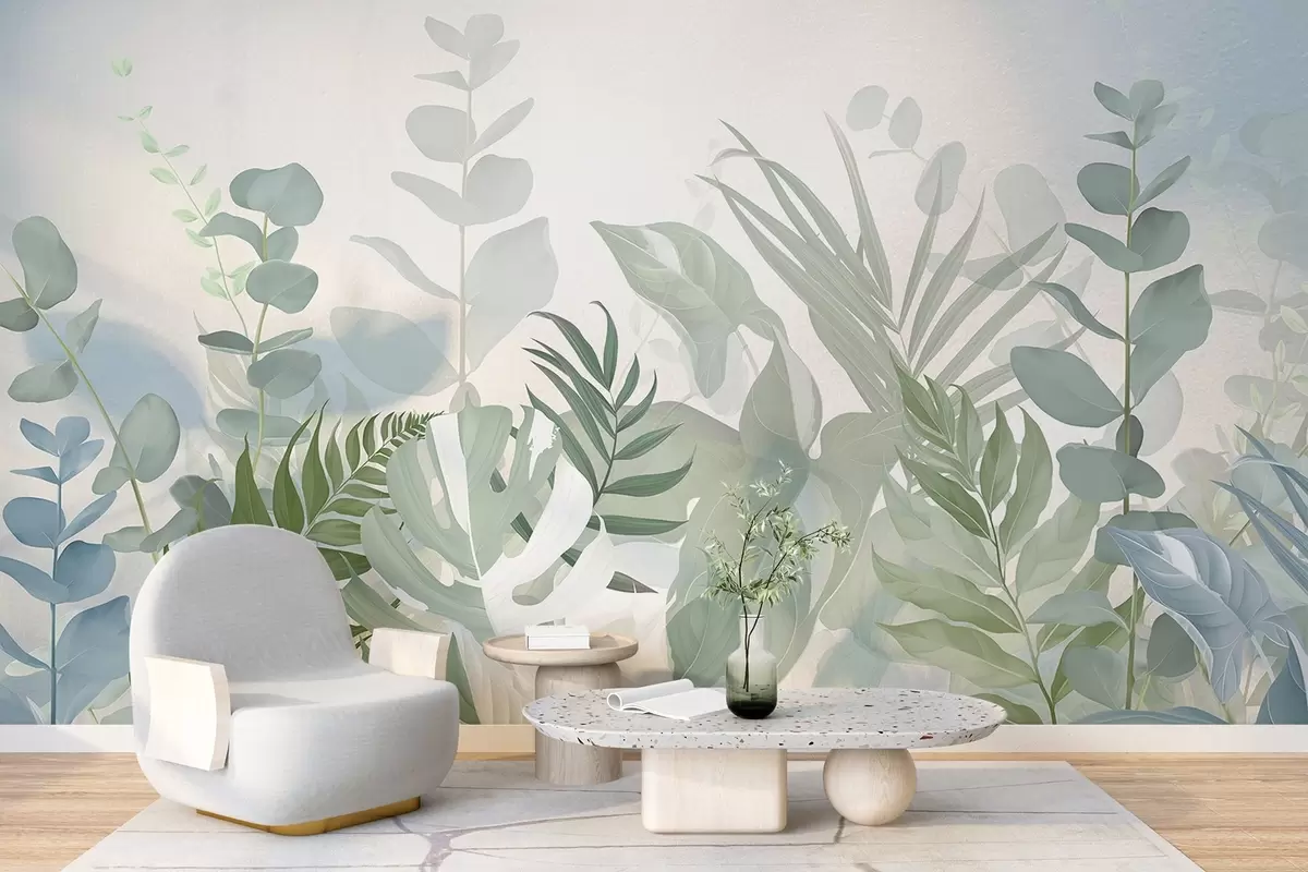 Fototapeta Pastelowe zielone rośliny paprocie, monstera i eukaliptus, jasne teksturowane tło, miękkie oświetlenie, spokojna, botaniczna ilustracja w09316