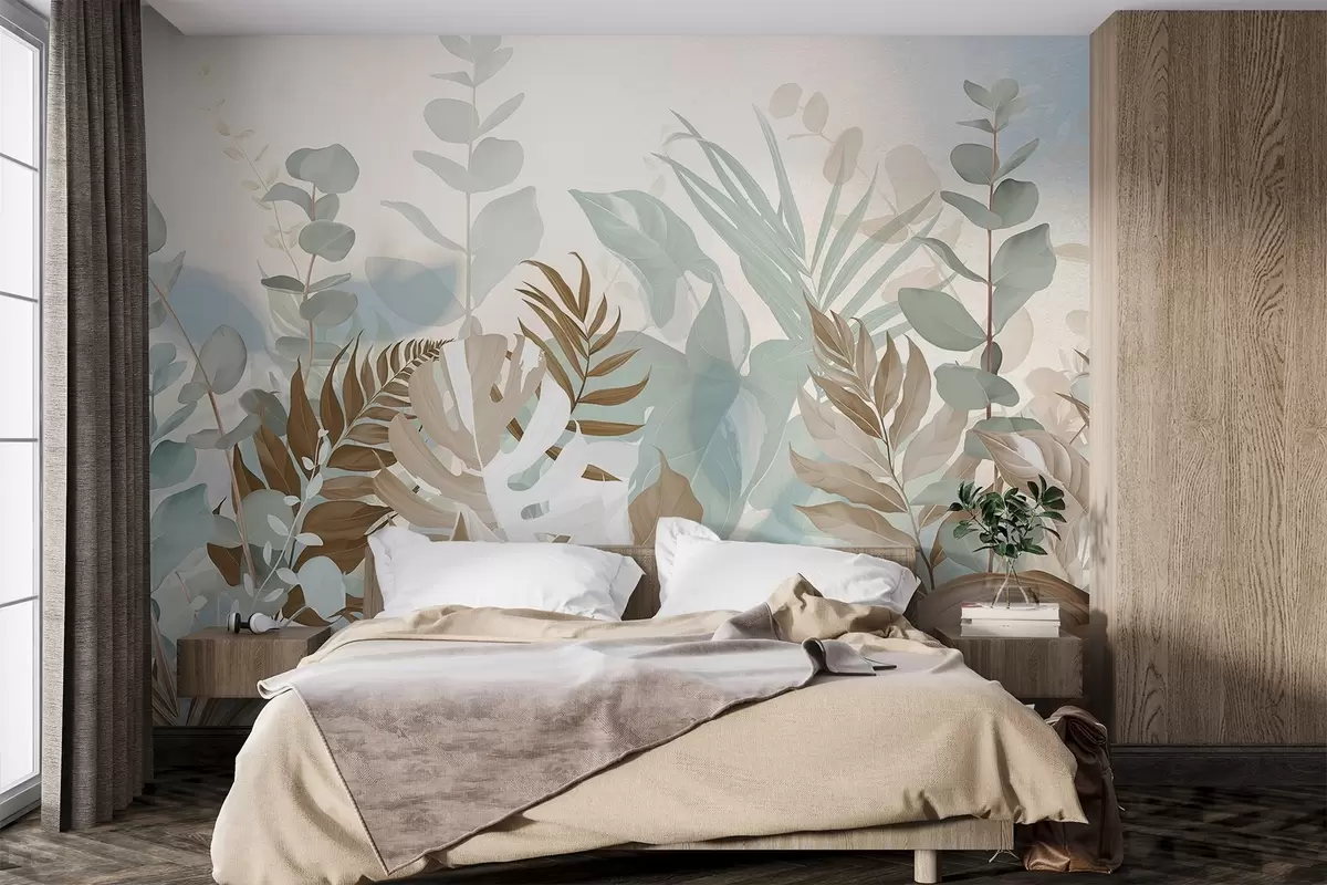 Fototapeta Pastelowe rośliny paprocie, monstera i eukaliptus, jasne teksturowane tło, miękkie oświetlenie, spokojna ilustracja botaniczna w09316v1