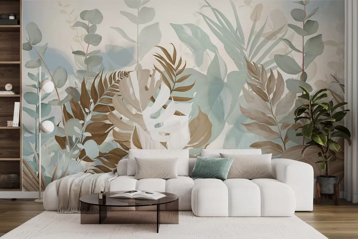 Fototapeta Pastelowe rośliny paprocie, monstera i eukaliptus, jasne teksturowane tło, miękkie oświetlenie, spokojna ilustracja botaniczna w09316v1