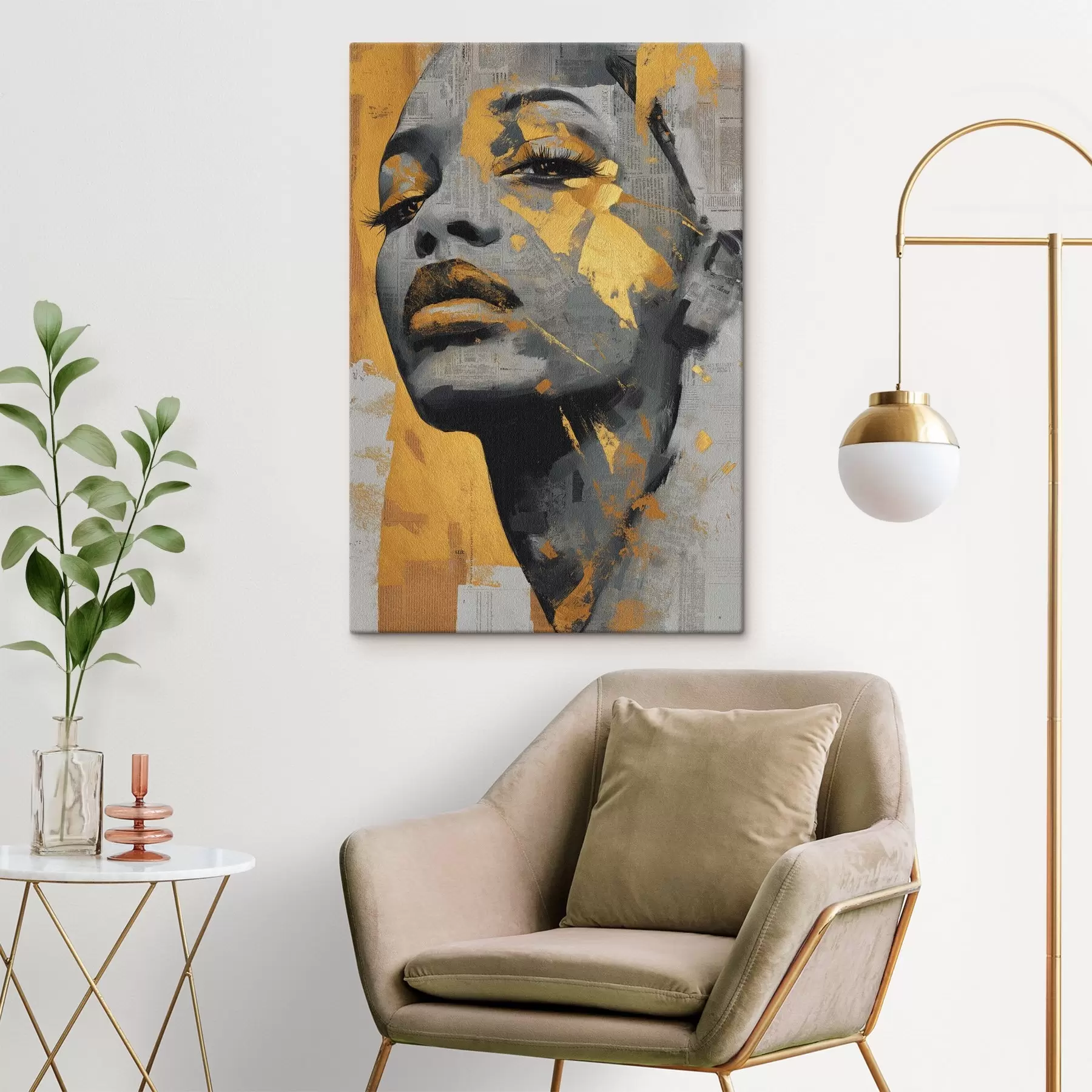 Obraz Portret mieszany z fragmentami gazet i dekoracyjnymi pociągnięciami pędzla s45419