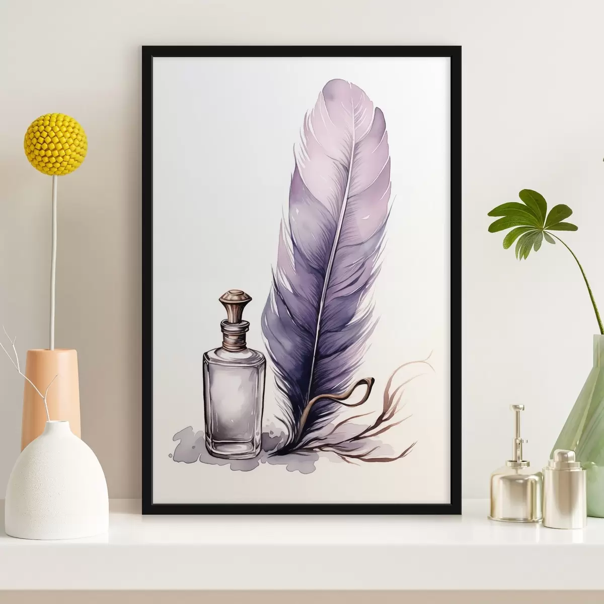 Plakat Akwarelowa ilustracja pióra i szklanej butelki z atramentem f45410
