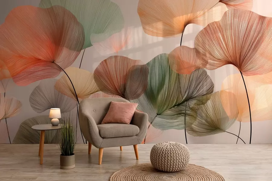 Fototapeta wielokolorowe liście miłorzębu z żyłkami w04305