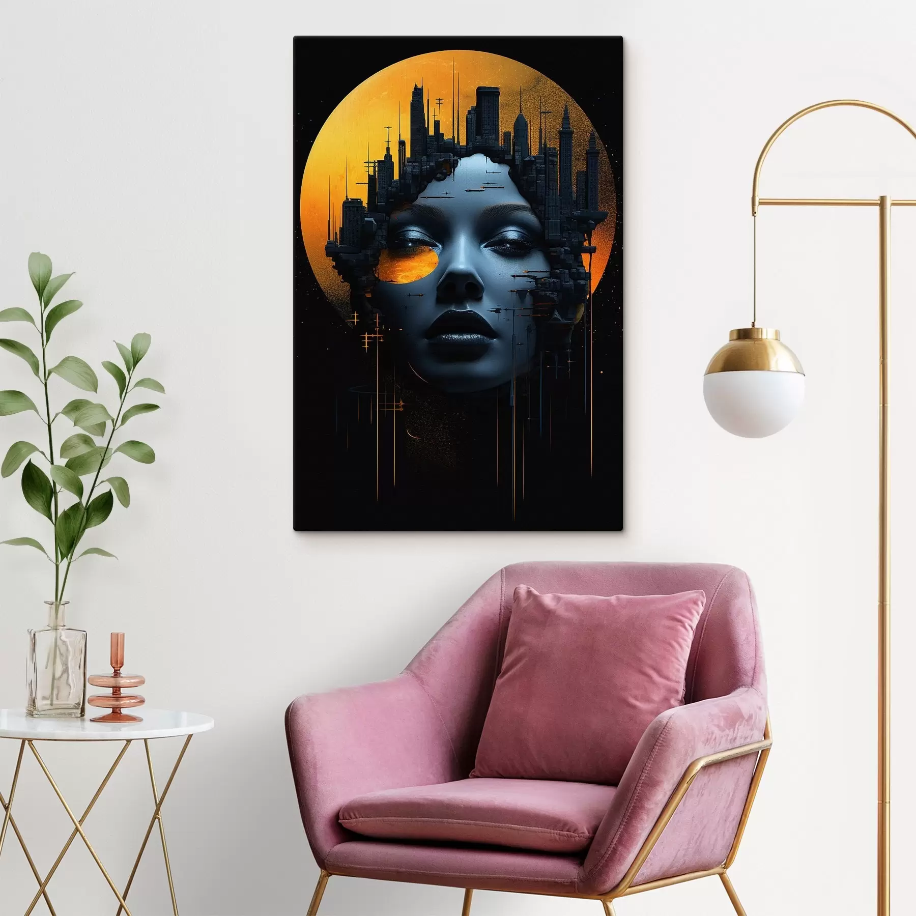 Obraz Ludzie, twarz dziewczyny na tle miasta, abstrakcja s45341