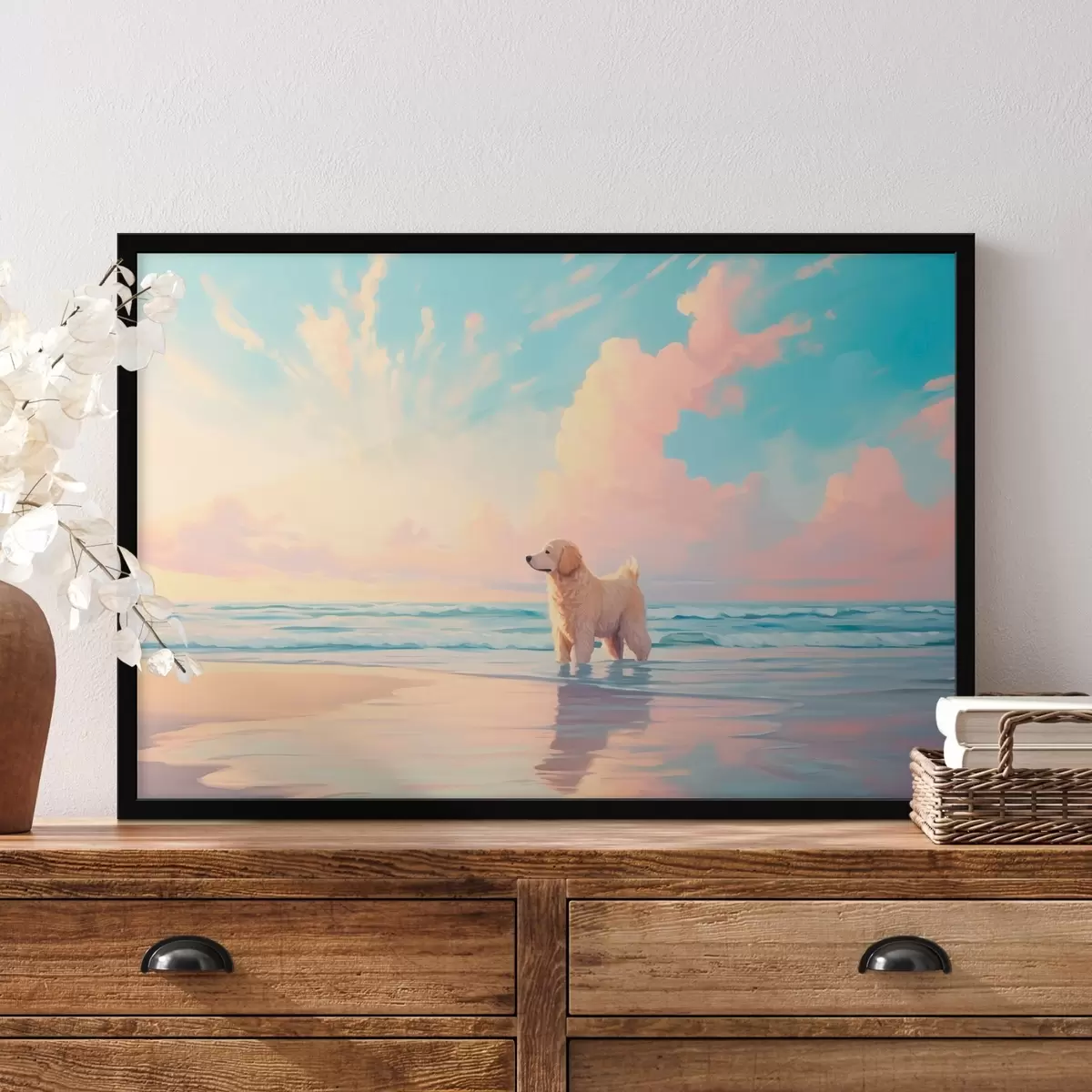 Plakat Retriever na brzegu morza f45425