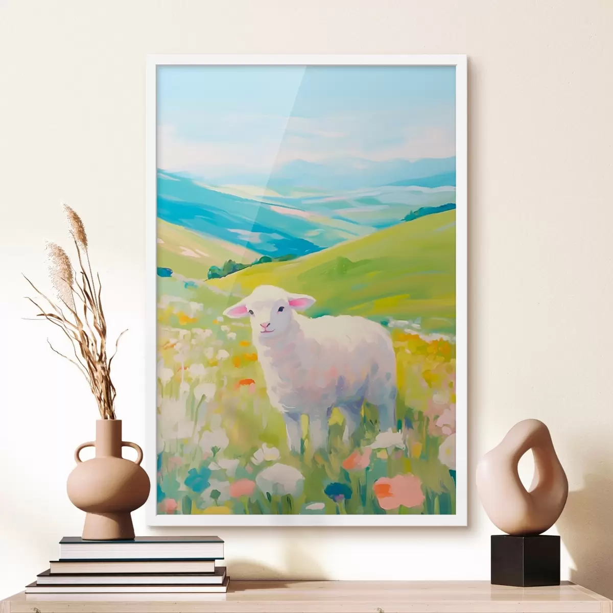 Plakat Baranek na polu kwiatów f45426