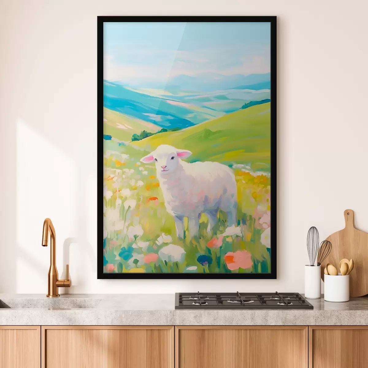 Plakat Baranek na polu kwiatów f45426