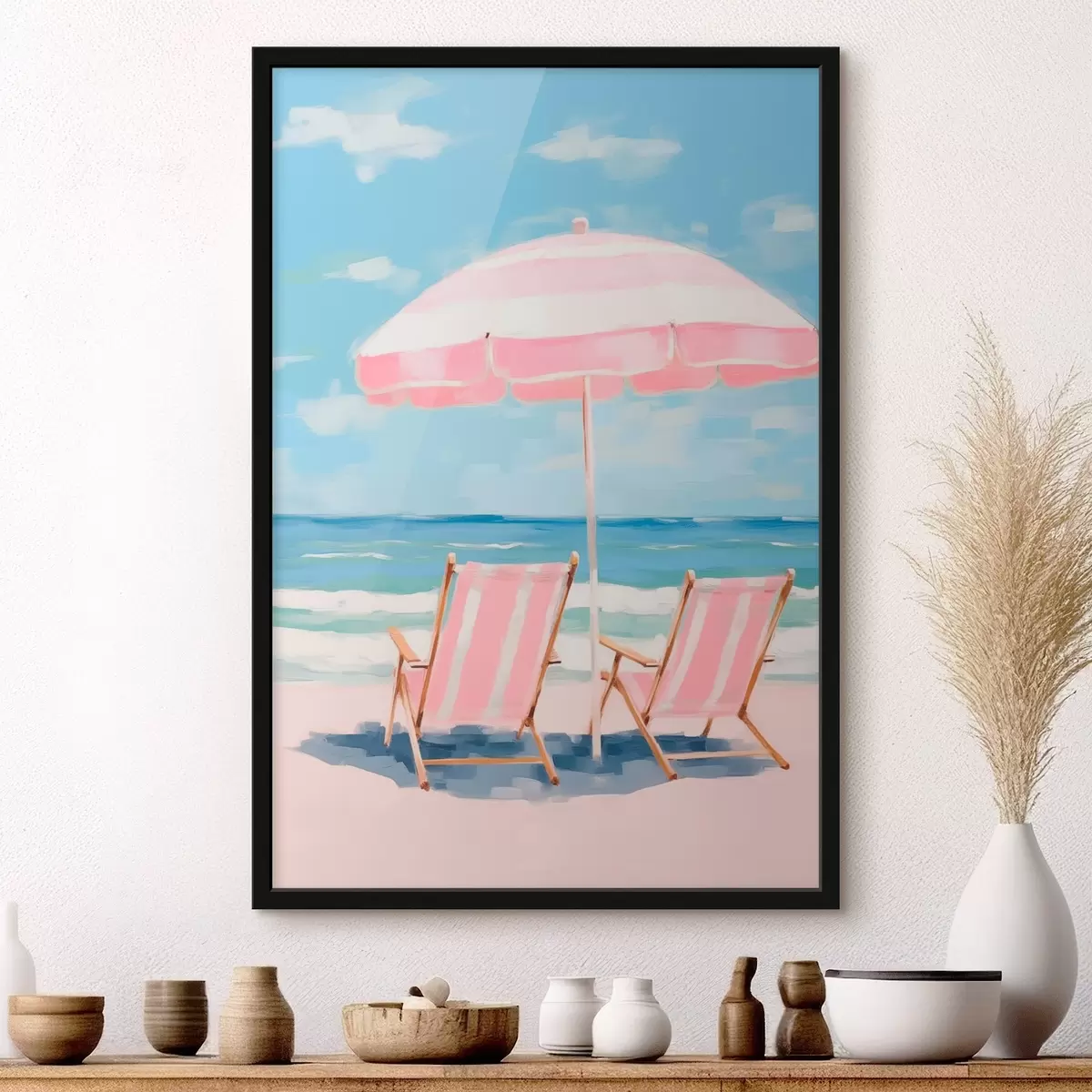 Plakat Parasol plażowy i leżaki na wybrzeżu f45442