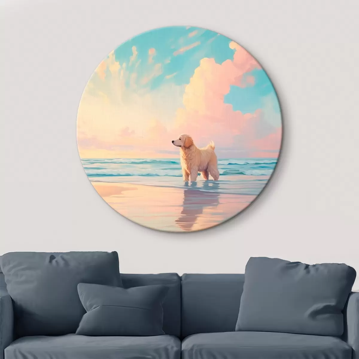 Okrągłe obrazy Retriever na brzegu morza r45425