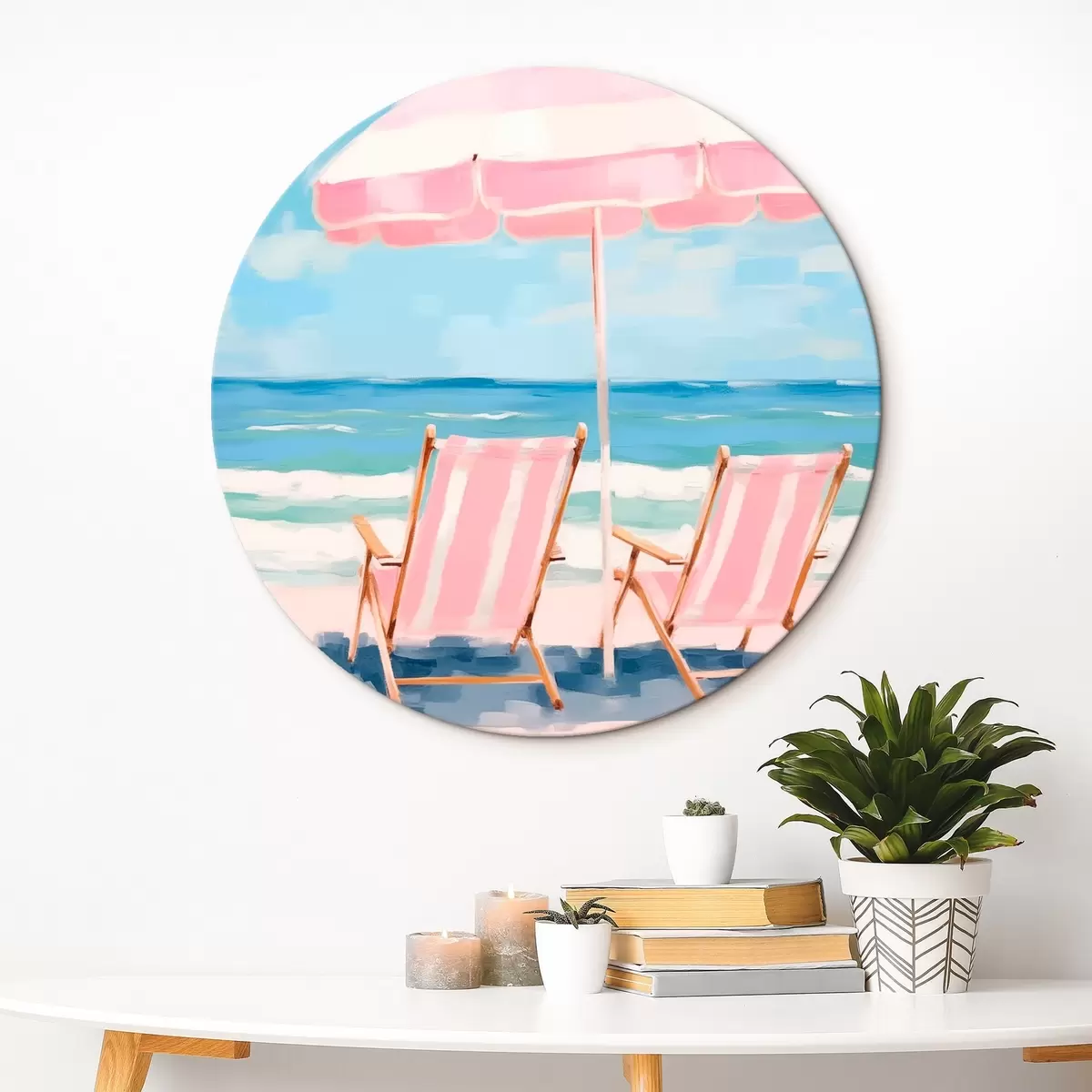 Okrągłe obrazy Parasol plażowy i leżaki na wybrzeżu r45442
