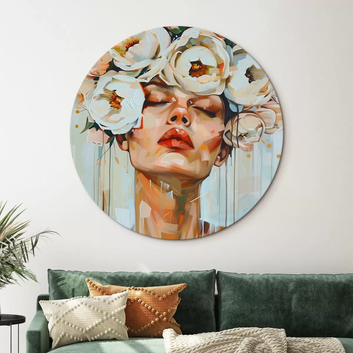 Okrągłe obrazy Portret kobiety z kwiatami r45370