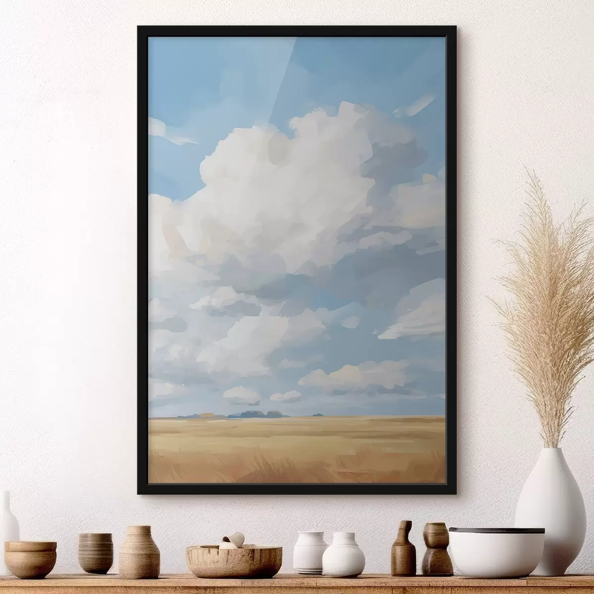 Plakat Pole pszenicy na tle nieba z ogromnymi chmurami f45454