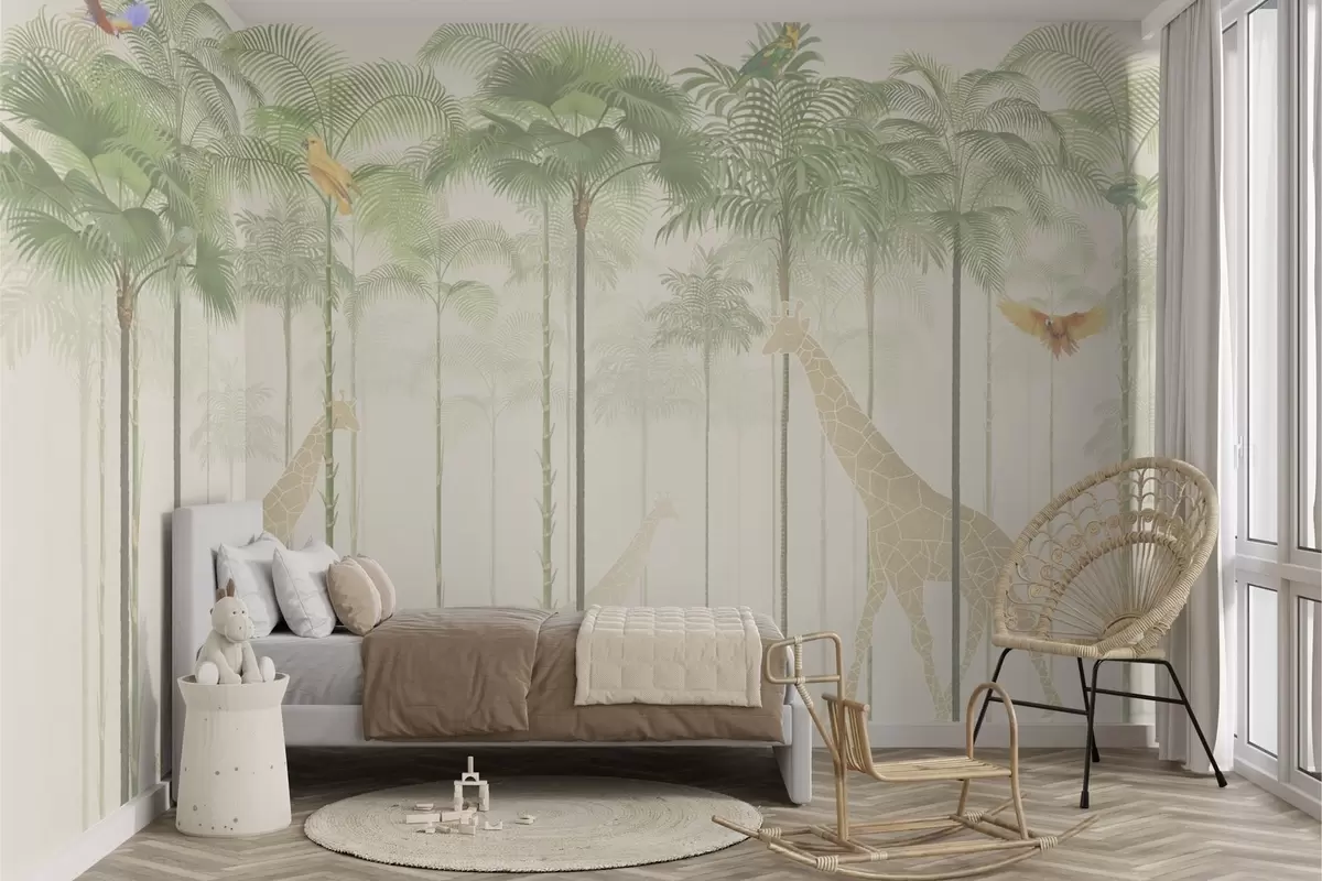 Fototapeta Żyrafy i tropikalne ptaki wśród wysokich palm w04400