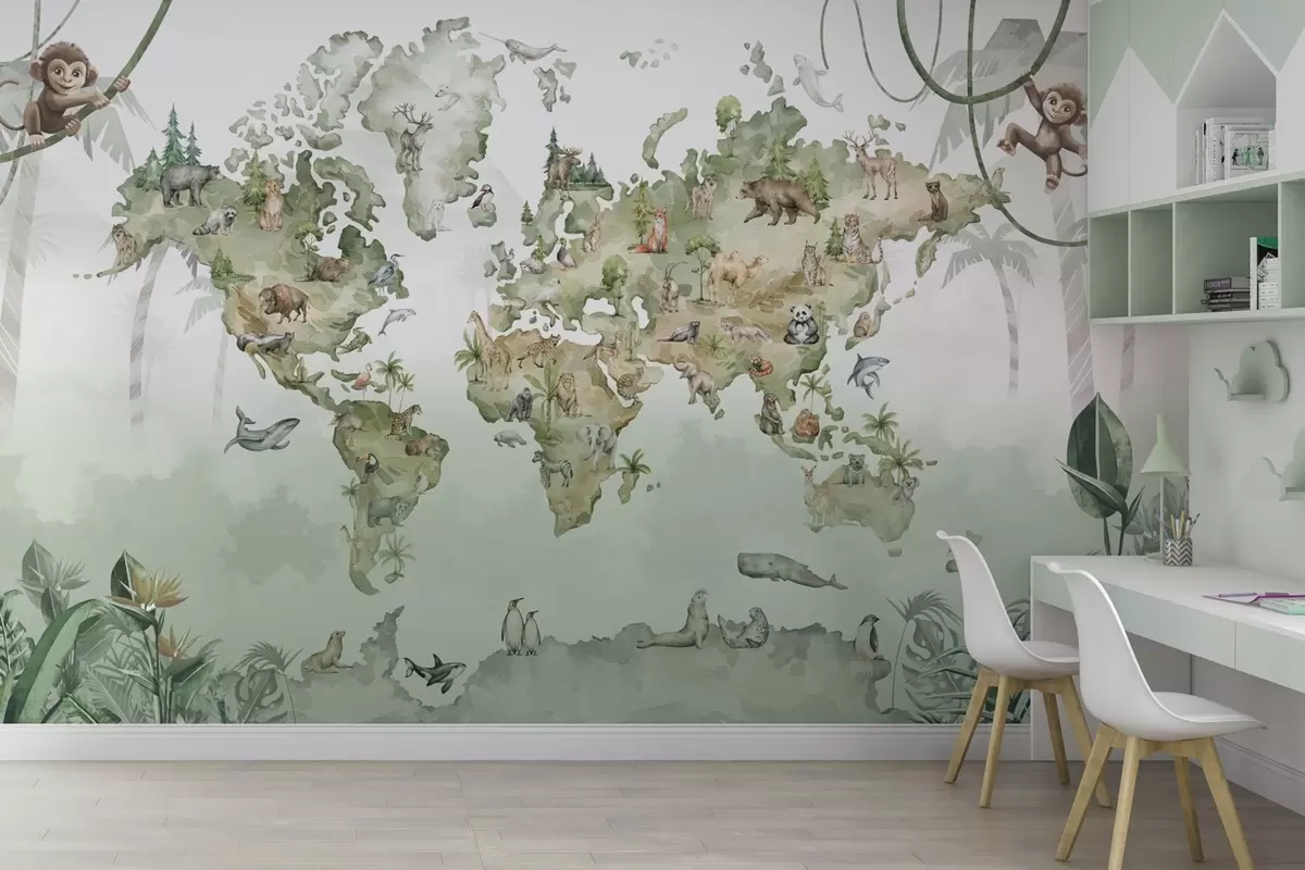 Fototapeta Akwarelowa mapa świata ze zwierzętami w04418
