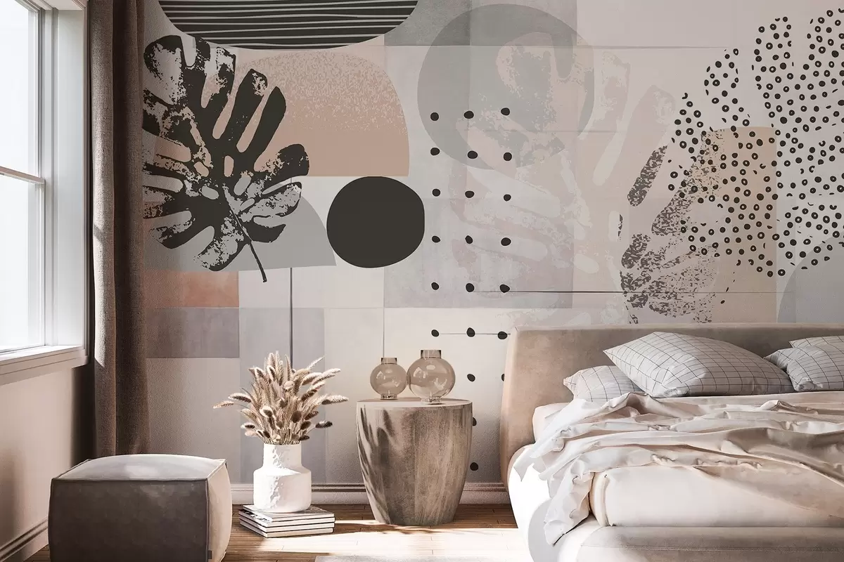 Fototapeta Abstrakcyjny nadruk z geometrycznymi kształtami i tropikalnymi liśćmi monstery, kółkami, kropkami i liniami, nowoczesny i minimalistyczny design w09333
