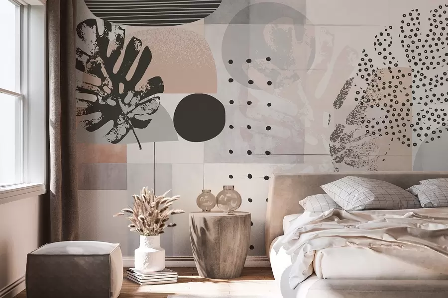 Fototapeta Abstrakcyjny nadruk z geometrycznymi kształtami i tropikalnymi liśćmi monstery, kółkami, kropkami i liniami, nowoczesny i minimalistyczny design w09333