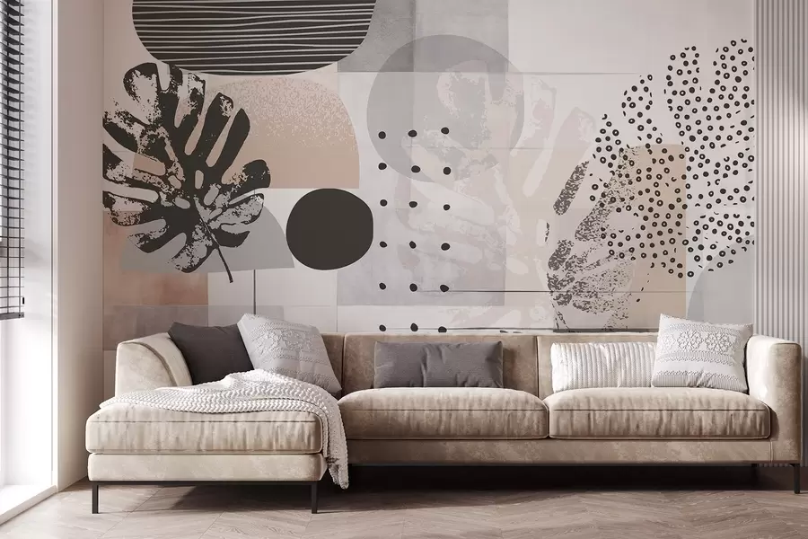 Fototapeta Abstrakcyjny nadruk z geometrycznymi kształtami i tropikalnymi liśćmi monstery, kółkami, kropkami i liniami, nowoczesny i minimalistyczny design w09333
