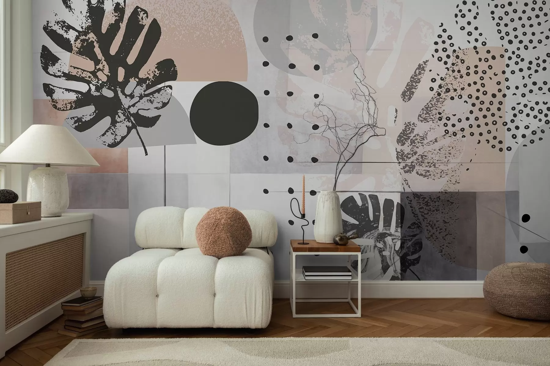Fototapeta Abstrakcyjny nadruk z geometrycznymi kształtami i tropikalnymi liśćmi monstery, kółkami, kropkami i liniami, nowoczesny i minimalistyczny design w09333