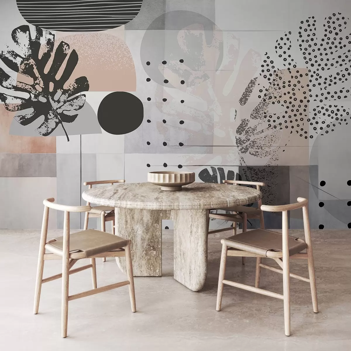 Fototapeta Abstrakcyjny nadruk z geometrycznymi kształtami i tropikalnymi liśćmi monstery, kółkami, kropkami i liniami, nowoczesny i minimalistyczny design w09333