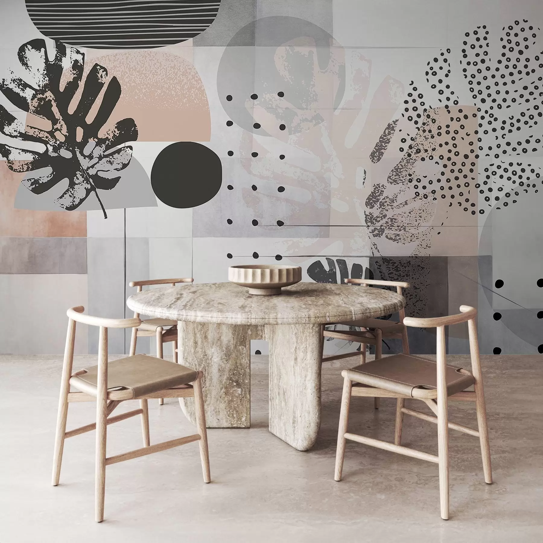 Fototapeta Abstrakcyjny nadruk z geometrycznymi kształtami i tropikalnymi liśćmi monstery, kółkami, kropkami i liniami, nowoczesny i minimalistyczny design w09333