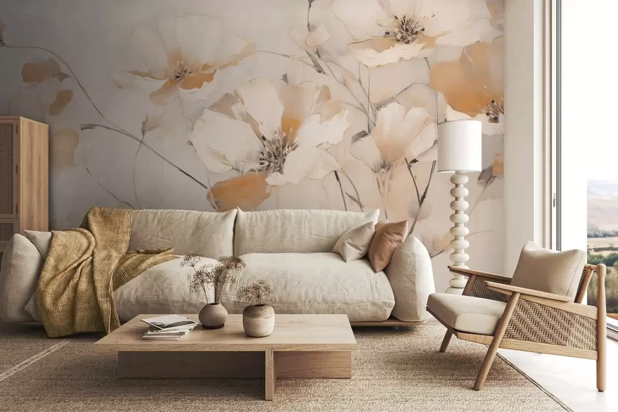 Fototapeta Białe i pomarańczowe teksturowane kwiaty z długimi łodygami, jasne tło, delikatne kolory, elegancka kompozycja, delikatne pociągnięcia pędzla w09335