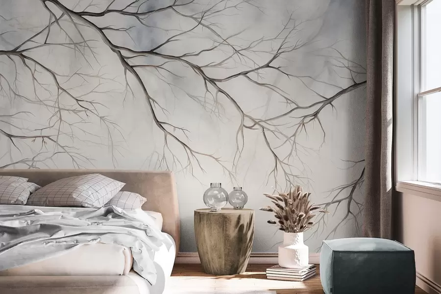 Fototapeta Gałęzie drzew z efektem tekstury akwareli, misterne detale, miękka paleta kolorów, na jasnym tle w09337