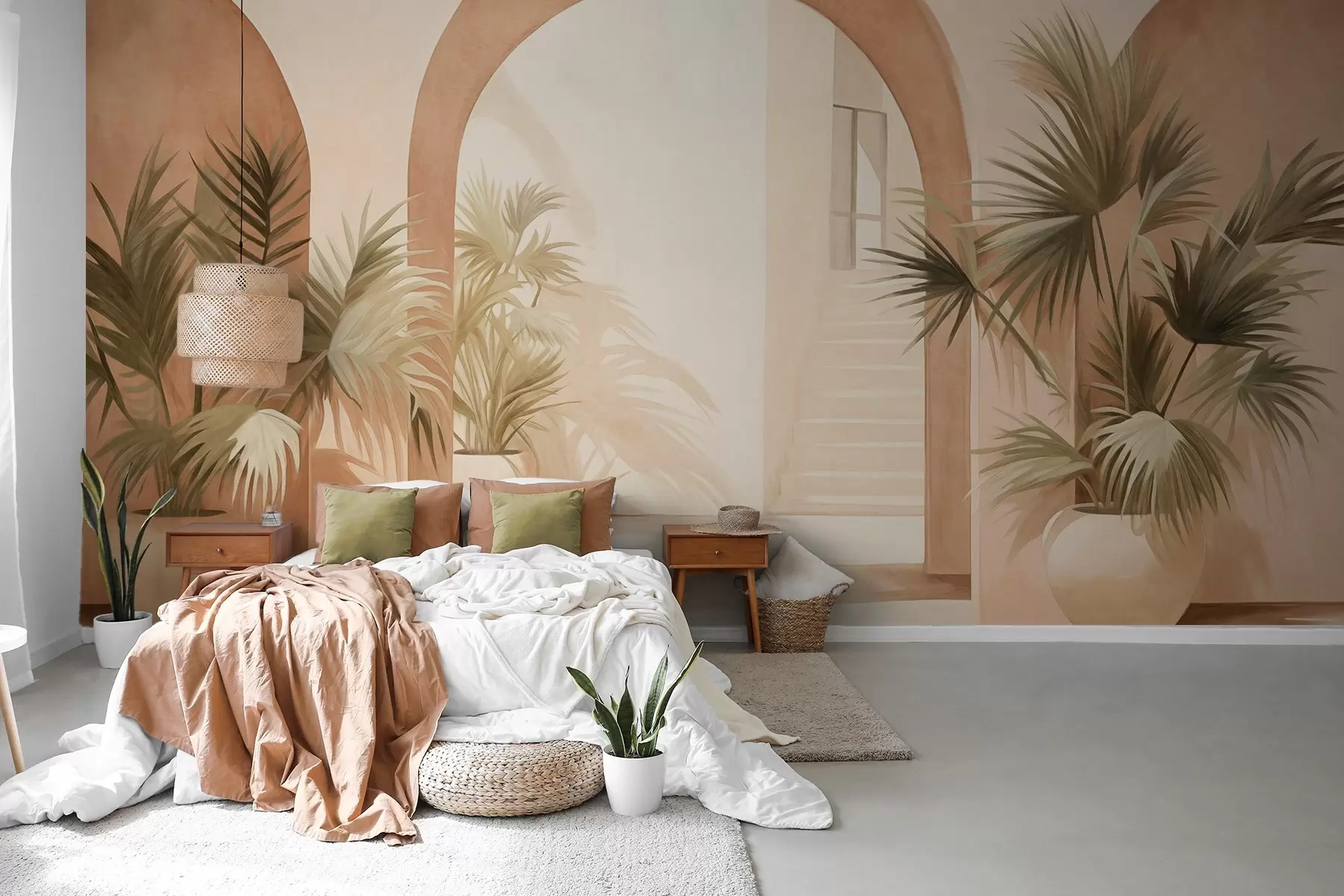 Fototapeta Teksturowane łuki z roślinami doniczkowymi, jasnobeżowa paleta kolorów, minimalistyczny design, schody w tle w09339