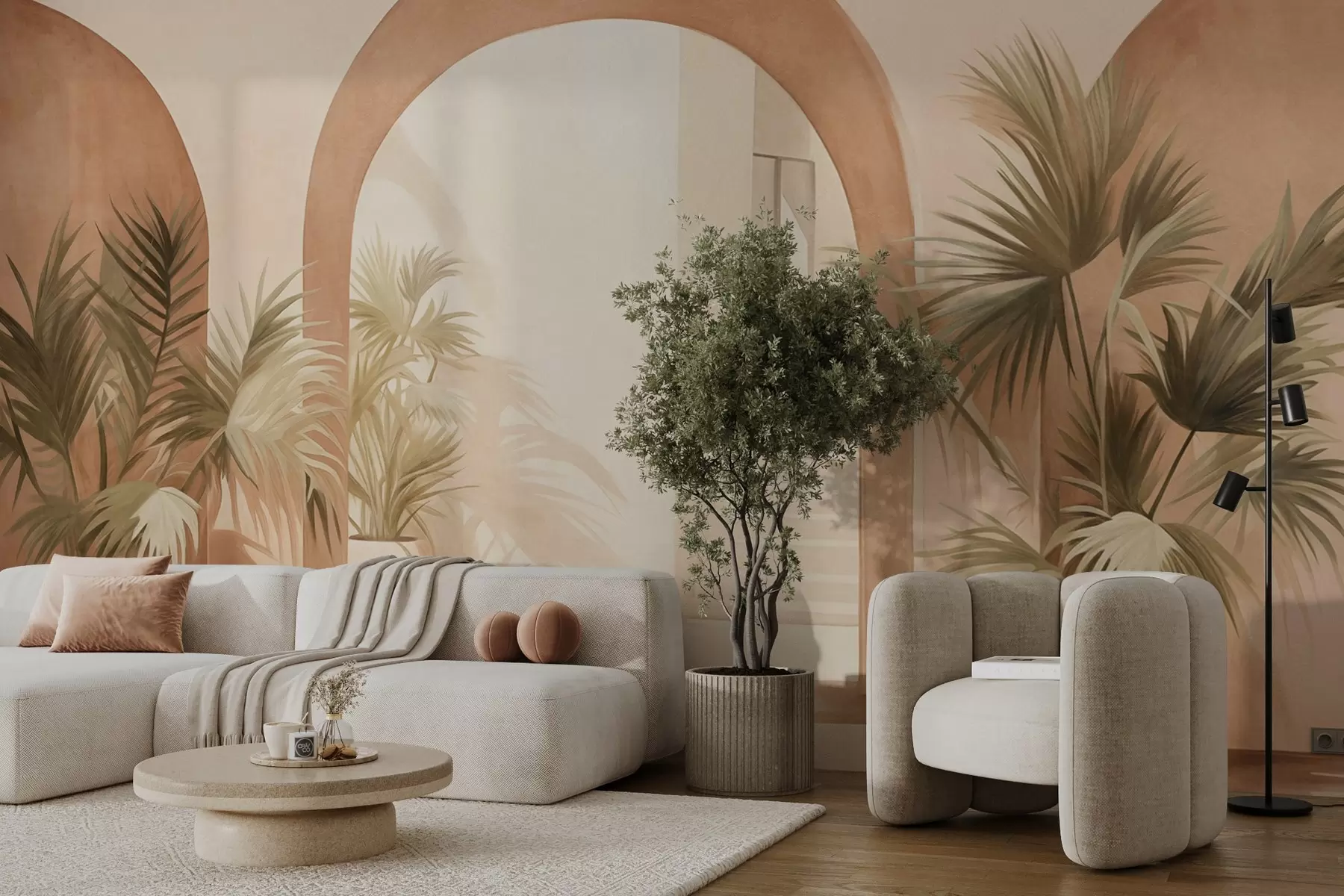 Fototapeta Teksturowane łuki z roślinami doniczkowymi, jasnobeżowa paleta kolorów, minimalistyczny design, schody w tle w09339