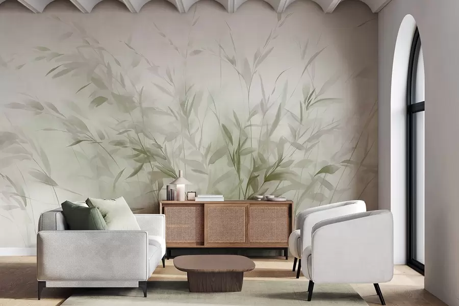 Fototapeta Trawa i chwasty z cienkimi liśćmi i łodygami, jasnozielone i brązowe kolory, miękkie i delikatne pociągnięcia pędzla, minimalistyczny nadruk w09342