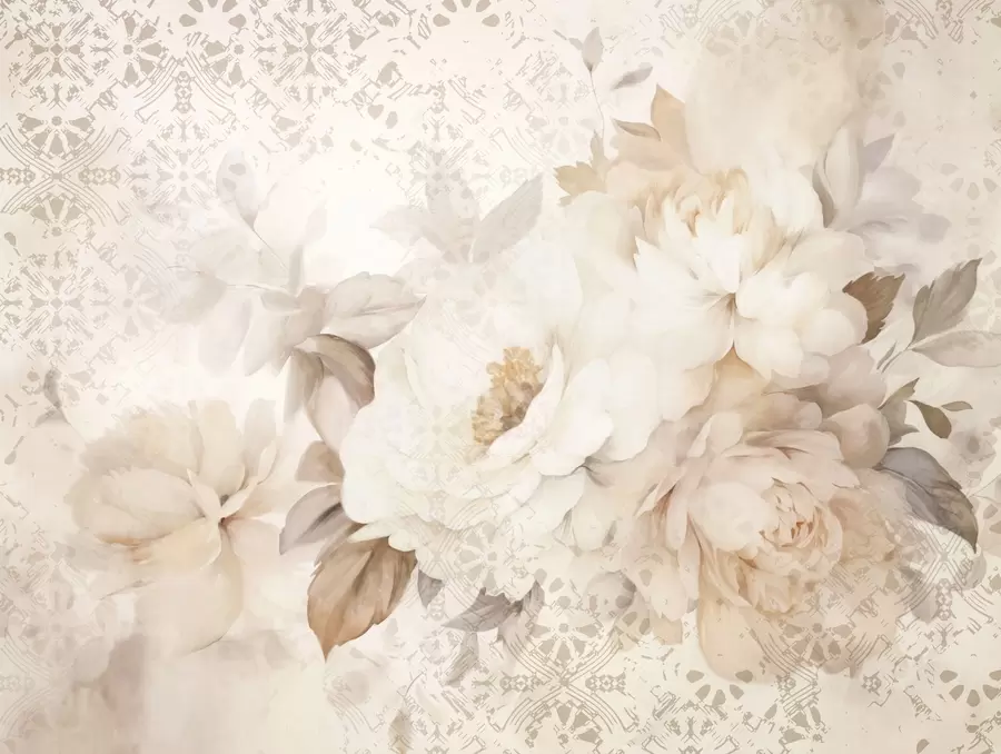 Fototapeta Kompozycja kwiatowa z białych piwonii z beżowymi liśćmi, na dekoracyjnym tle z teksturą w stylu vintage w09345