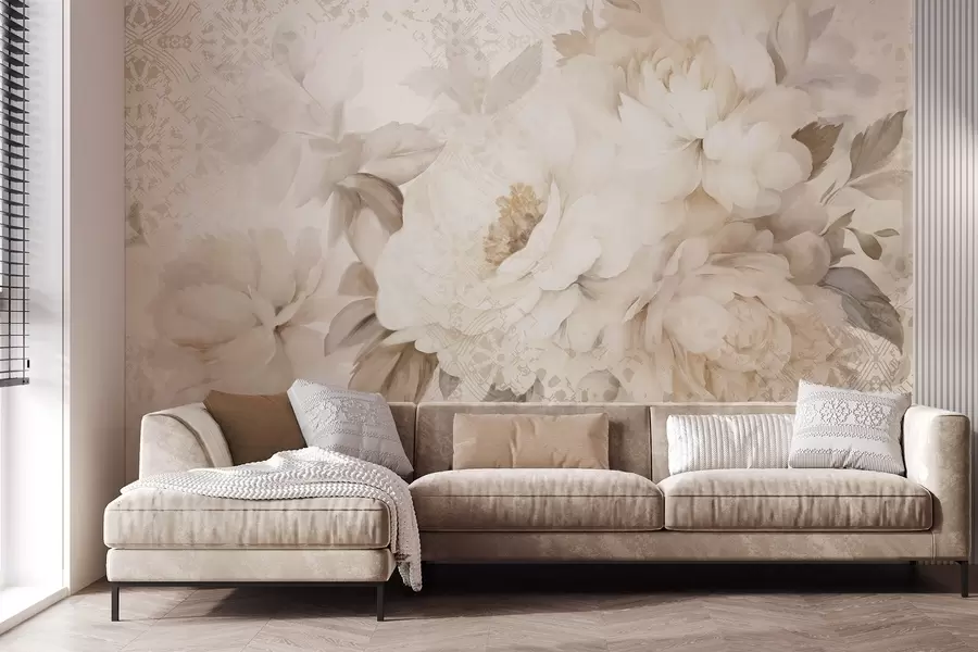 Fototapeta Kompozycja kwiatowa z białych piwonii z beżowymi liśćmi, na dekoracyjnym tle z teksturą w stylu vintage w09345