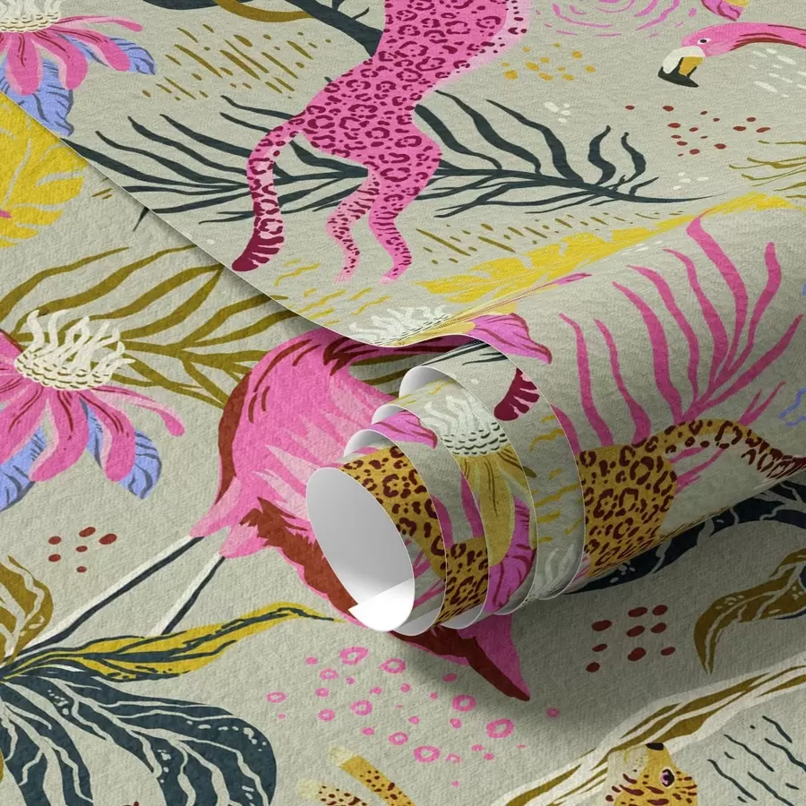 Fototapeta Jasne flamingi i lamparty wśród tropikalnych roślin a00470