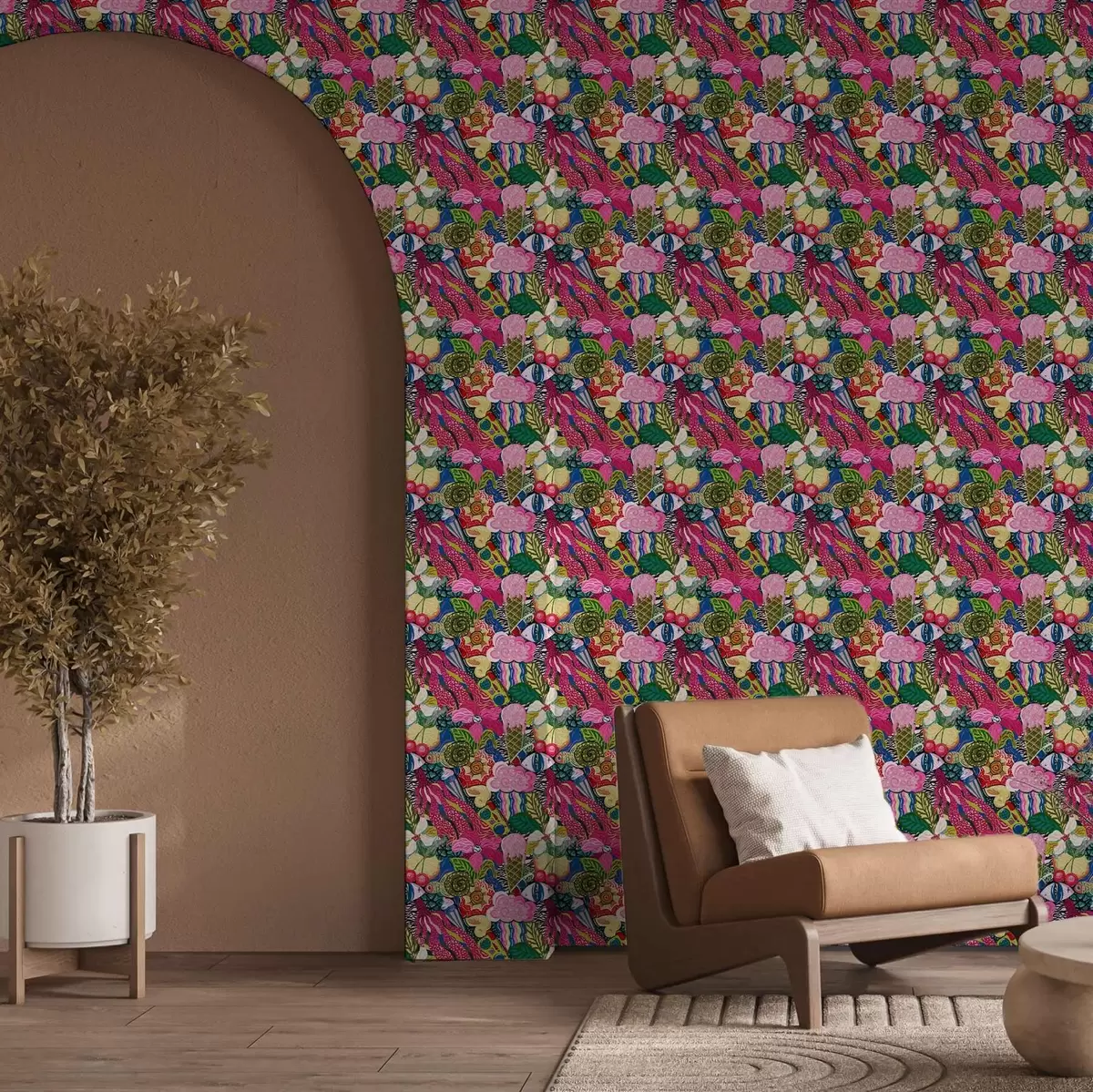 Tapeta Abstrakcyjny pop-art z kwiatami, jagodami i wzorami a00471