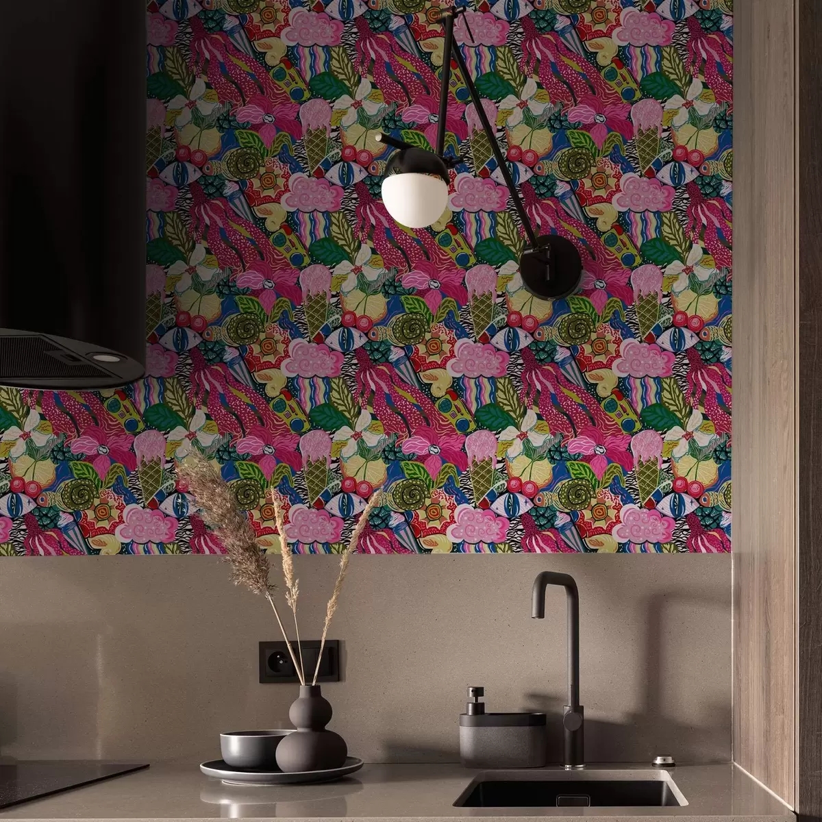 Tapeta Abstrakcyjny pop-art z kwiatami, jagodami i wzorami a00471