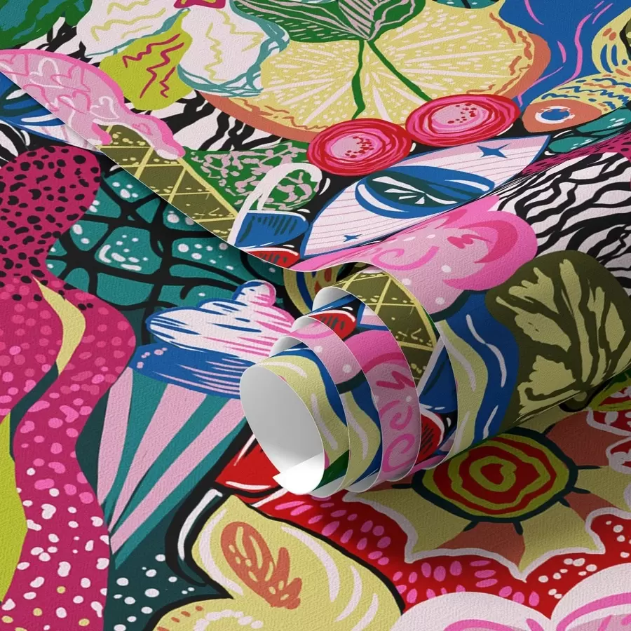 Fototapeta Abstrakcyjny pop-art z kwiatami, jagodami i wzorami a00471