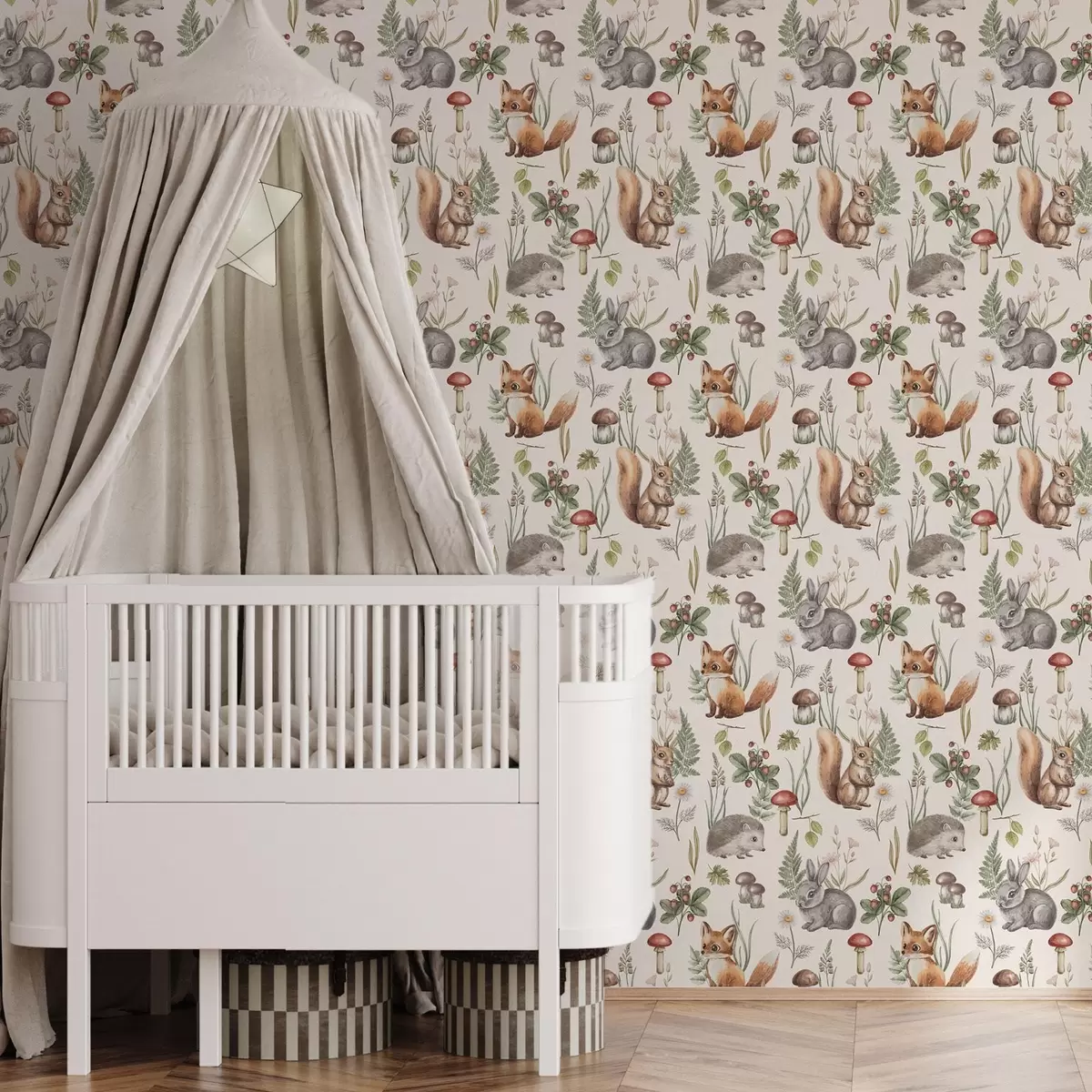 Tapeta Leśne zwierzęta, grzyby i rośliny w bajkowym stylu a00477