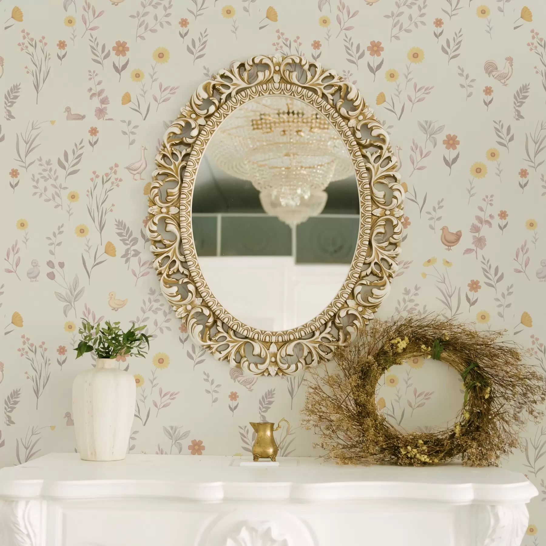 Fototapeta Polne kwiaty i kurczaki w delikatnych pastelowych odcieniach a00478