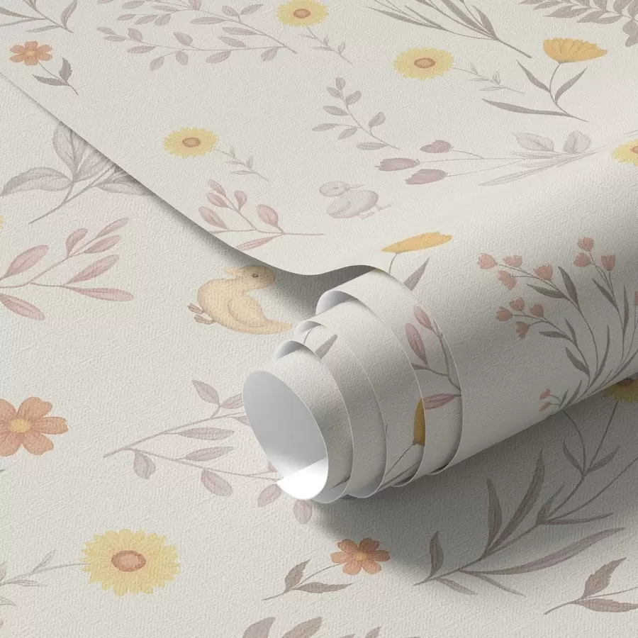 Fototapeta Polne kwiaty i kurczaki w delikatnych pastelowych odcieniach a00478