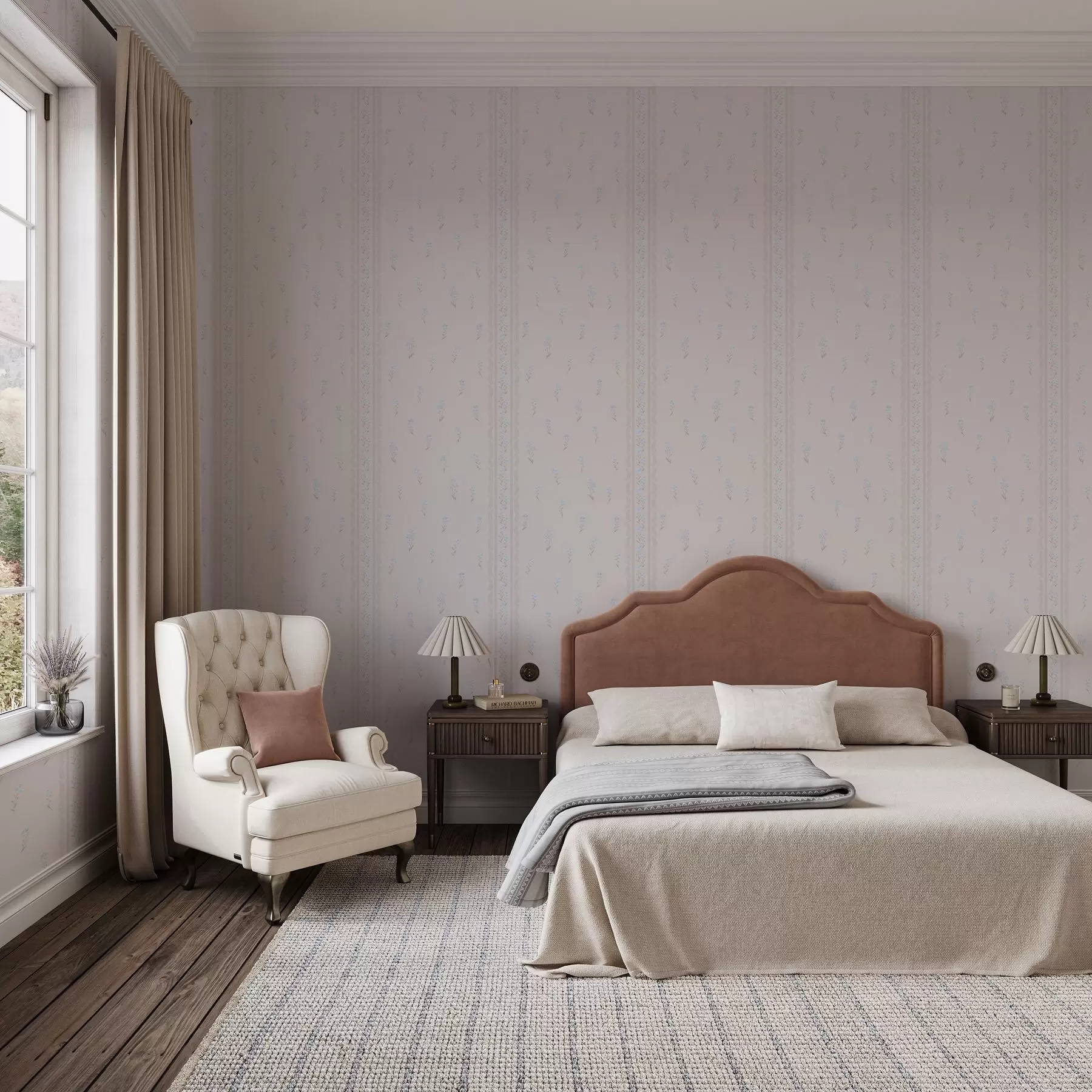 Fototapeta Różowe tło z delikatnymi niebieskimi kwiatami i obramowaniem a00484