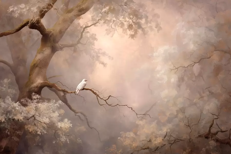 Fototapeta mistyczny las z białym ptakiem w04314