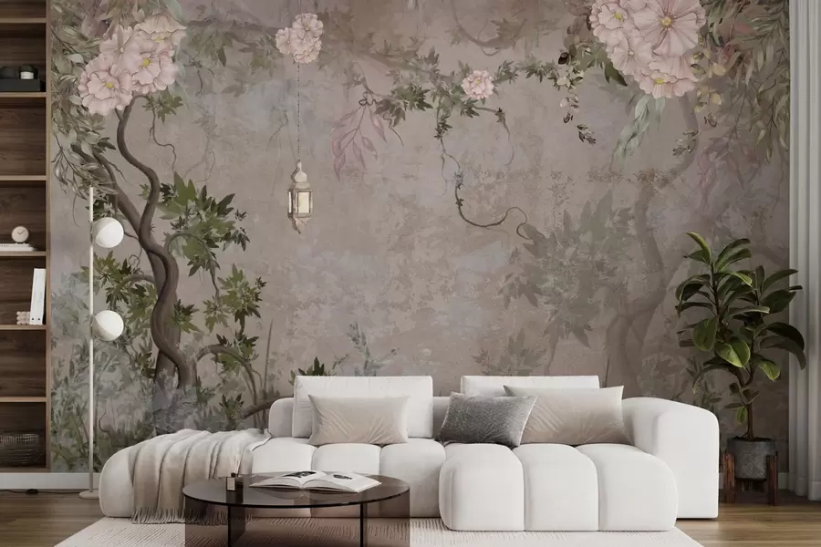 Fototapeta Wróżkowy ogród z kwiatami, drzewami i latarnią w04416