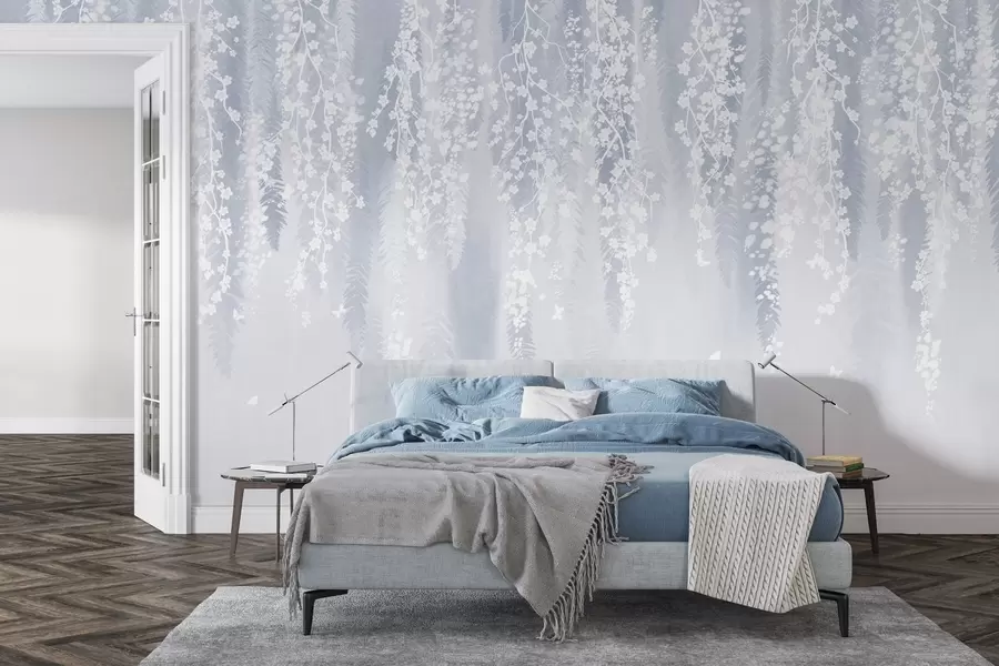 Fototapeta Niebieska wersja gałęzi z białymi kwiatami w04417v2