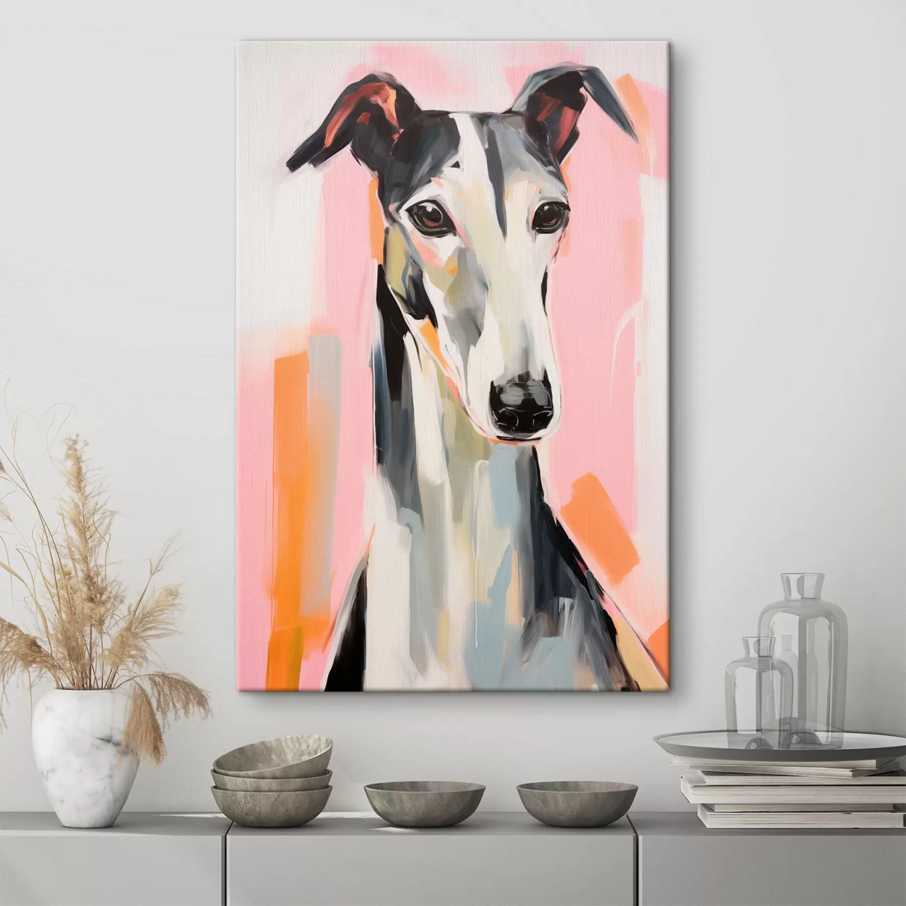 Obraz Chart na tle różowych, pomarańczowych i białych pociągnięć pędzla s45566