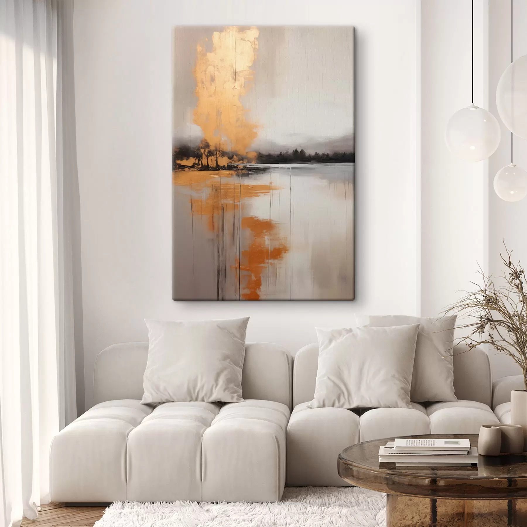 Obraz Abstrakcyjny krajobraz z jeziorem, drzewem i żółtą mgłą, woda odbija się i zachmurzone niebo s45575