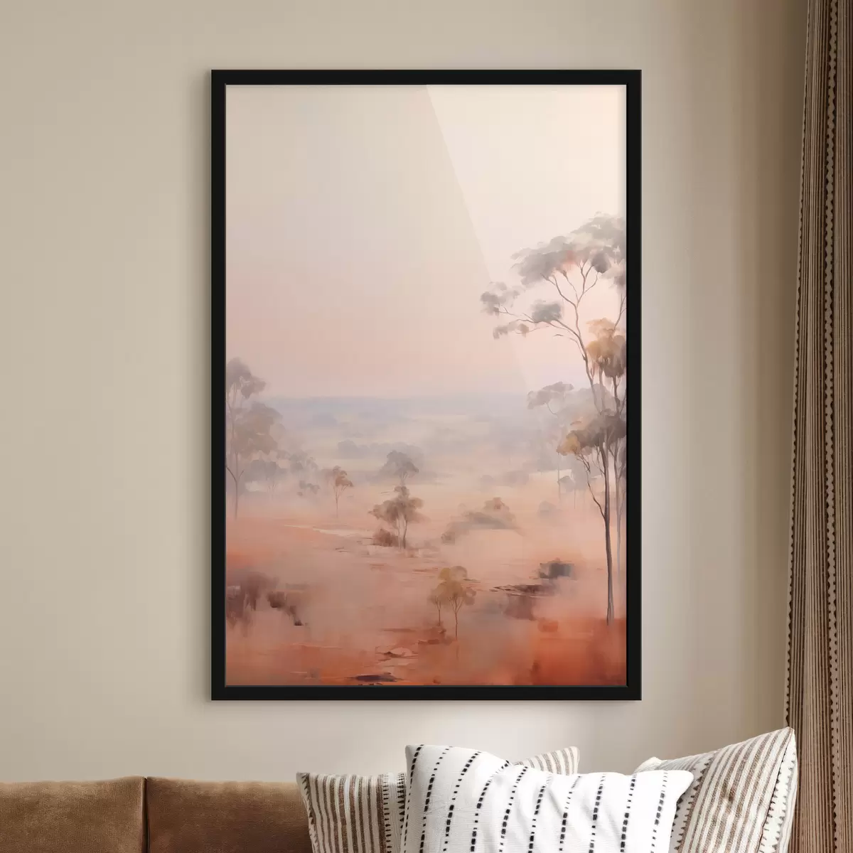 Plakat Krajobraz z krzewami i drzewami w pastelowych odcieniach różu, pomarańczy i brązu, z górami w tle f45554
