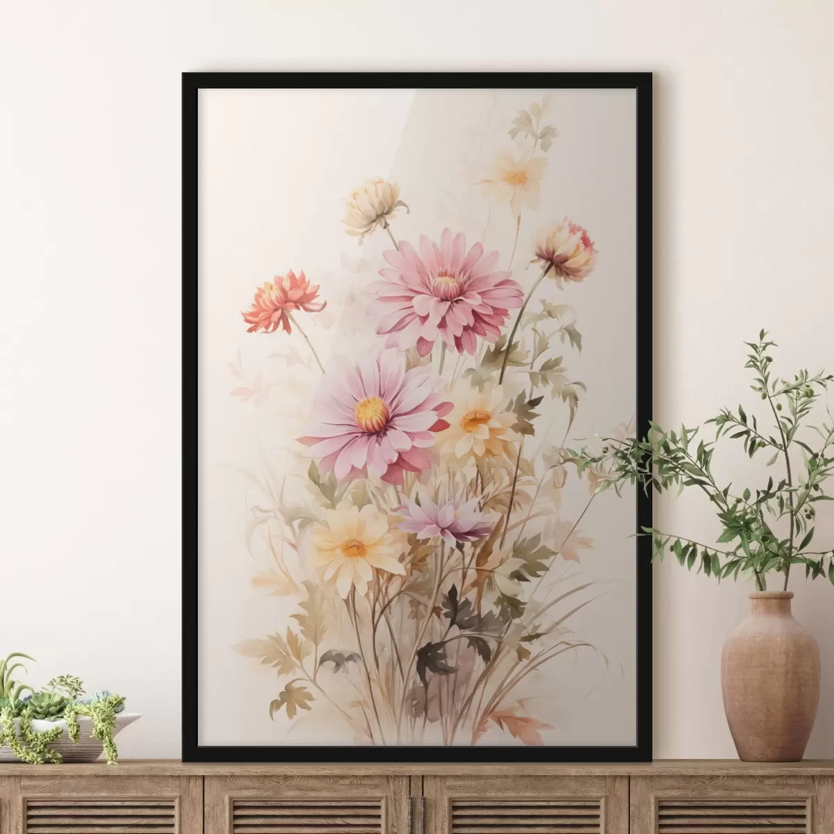 Plakat Bukiet kolorowych kwiatów, miękki styl akwareli, na jasnym tle, ilustracja botaniczna f45560