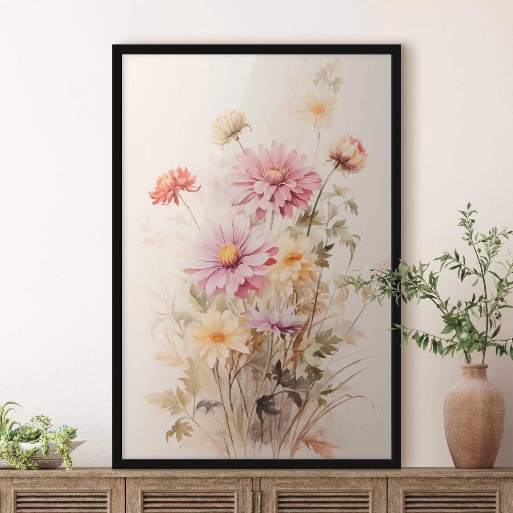 Fototapeta Bukiet kolorowych kwiatów, miękki styl akwareli, na jasnym tle, ilustracja botaniczna f45560