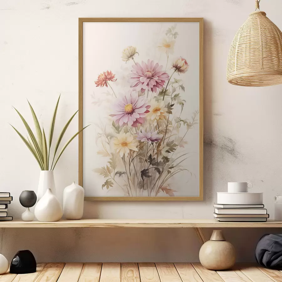 Fototapeta Bukiet kolorowych kwiatów, miękki styl akwareli, na jasnym tle, ilustracja botaniczna f45560