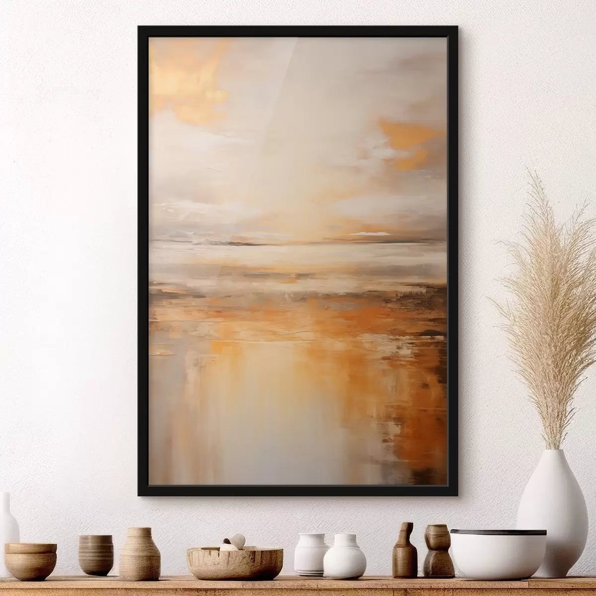 Plakat Abstrakcyjny obraz plażowego krajobrazu ze spokojnym oceanem, pomarańczowym piaskiem i zachmurzonym niebem ze słońcem f45567