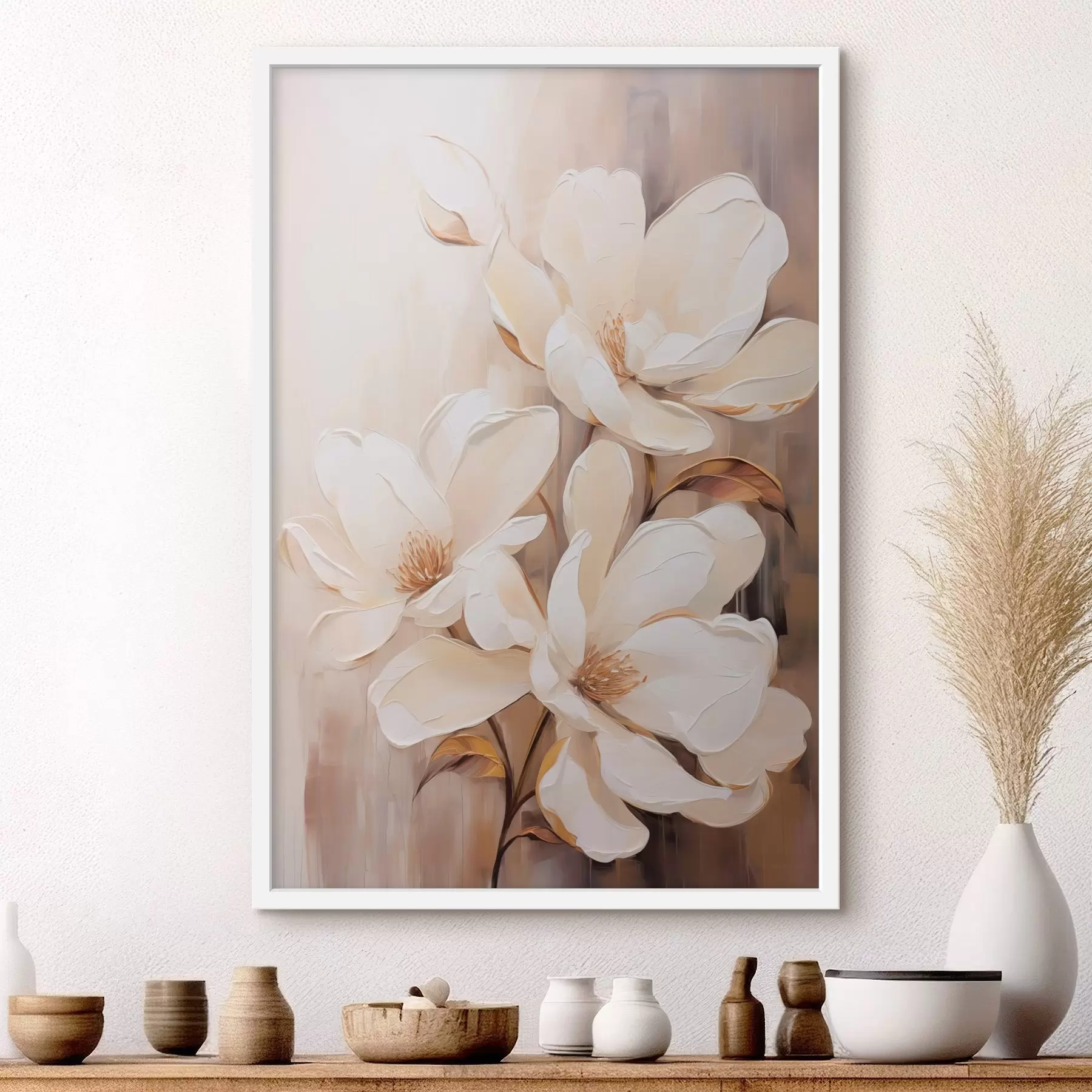 Fototapeta Białe kwiaty magnolii na miękkim, rozmytym tle w odcieniach beżu i brązu, elegancka kompozycja kwiatowa f45571